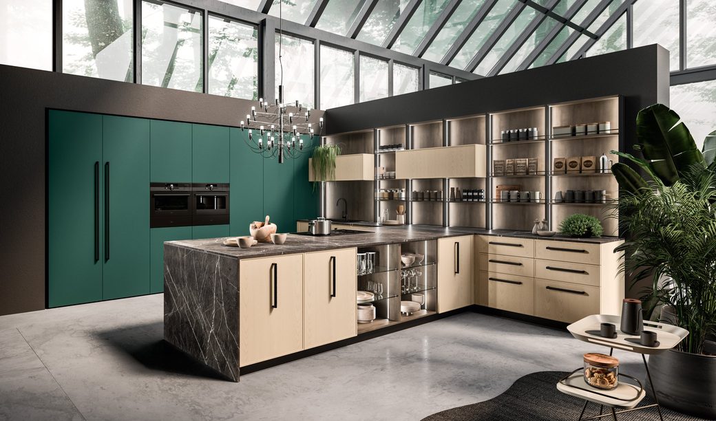 Кухня Aran Cucine Guadalupe: остров с каменной столешницей и открытые стеллажи