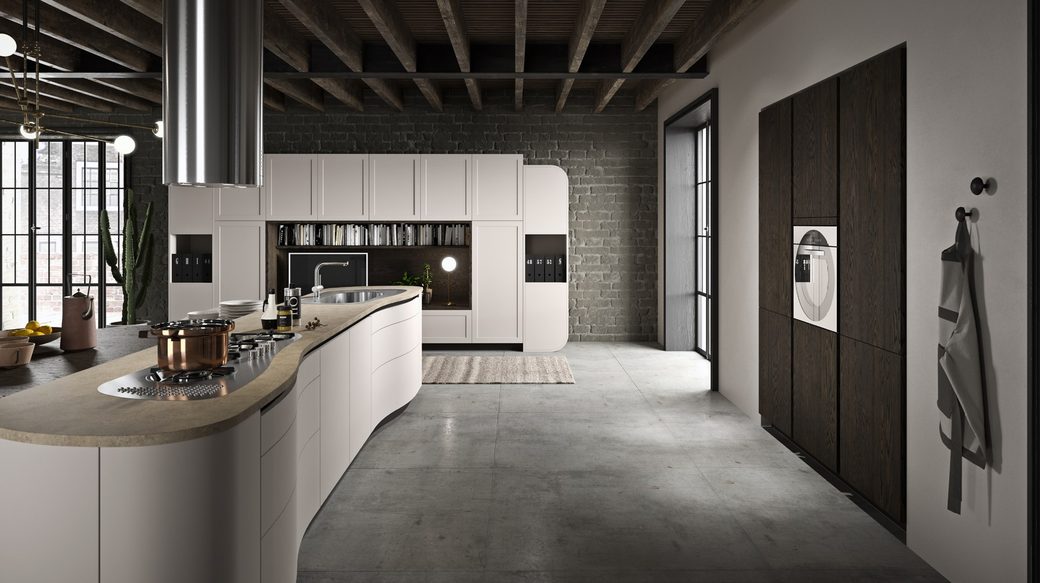 Кухня Aran Cucine Loft со скруглённым островом в интерьере с бетонными стенами