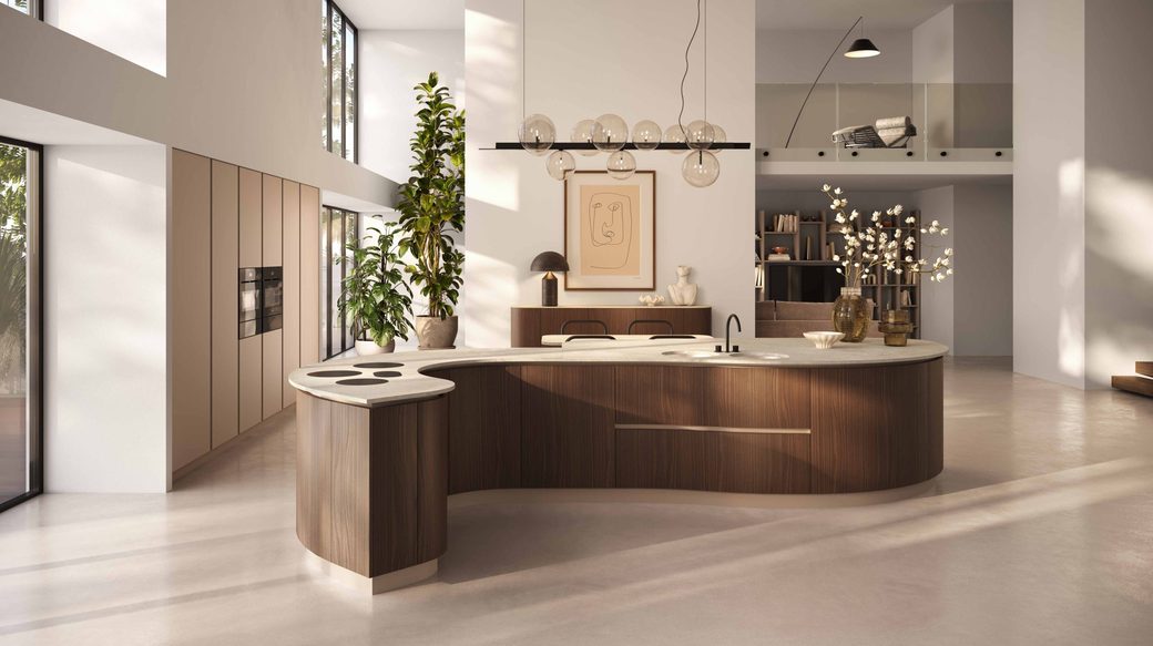 Кухня Aran Cucine Volare с овальным островом и подвесными светильниками