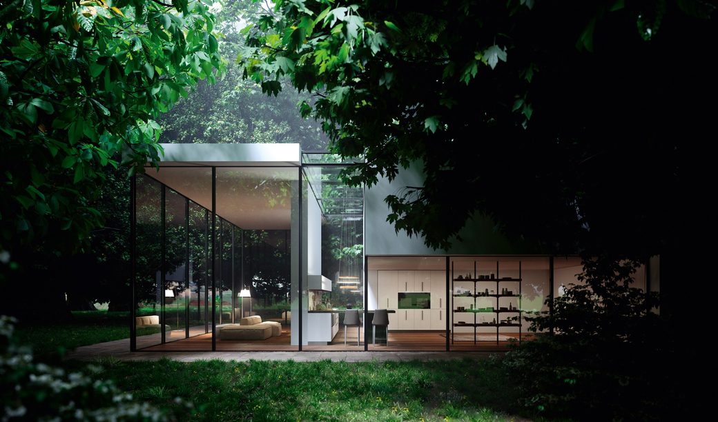 Кухня Aran Cucine в доме с панорамным остеклением, вечерний свет