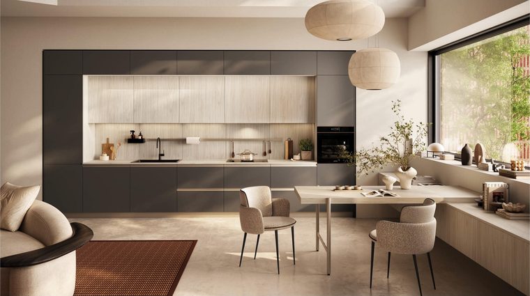 Kitchen run with a bridge of wall units between two tall columns, Aran Cucine